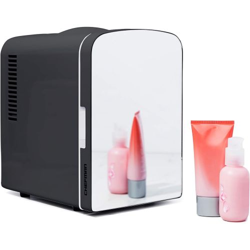  [아마존베스트]Chefman Portable Mirrored Personal Fridge 4 Liter Mini Refrigerator Skin Care, Makeup Storage, Beauty, Serums And Face Masks, Small For Desktop Or Travel, Cool & Heat, Cosmetic App