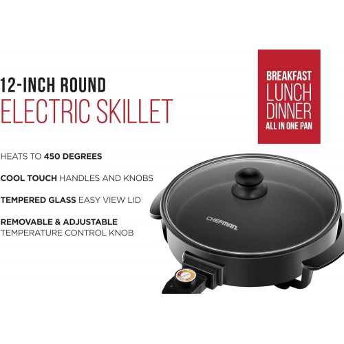  [아마존베스트]Chefman Electric Skillet-12 Inch Round Frying Pan with Non Stick Coating, Temperature Control, Tempered Glass Lid, Cool-Touch Handles and Knob, Black