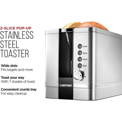  [아마존베스트]Chefman 2-Slice Toaster w/ Extra Wide Slots, 7 Shade Settings, Stainless Steel, for Toasting Bagels, Defrost/Reheat/Cancel Functions, Removable Crumb Tray, 850W, Silver
