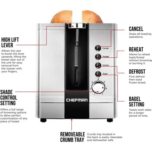  [아마존베스트]Chefman 2-Slice Toaster w/ Extra Wide Slots, 7 Shade Settings, Stainless Steel, for Toasting Bagels, Defrost/Reheat/Cancel Functions, Removable Crumb Tray, 850W, Silver