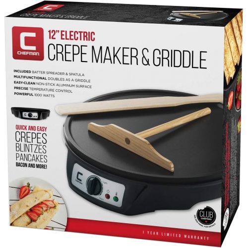  [아마존베스트]Chefman Electric Crepe Maker Griddle: Precise Temperature Control for Perfect Blintzes, Pancakes, Eggs, Bacon and more, 12 Inch Non-Stick Grill Pan, Includes Batter Spreader & Spat