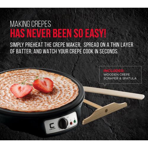  [아마존베스트]Chefman Electric Crepe Maker Griddle: Precise Temperature Control for Perfect Blintzes, Pancakes, Eggs, Bacon and more, 12 Inch Non-Stick Grill Pan, Includes Batter Spreader & Spat