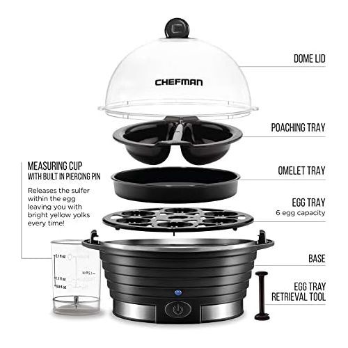  [아마존베스트]Chefman Electric Egg Cooker Boiler, Rapid Poacher, Food & Vegetable Steamer, Quickly Makes Up To 6, Hard, Medium or Soft Boiled, Poaching/Omelet Tray Included, Ready Signal, BPA-Fr