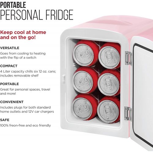  Chefman Mini Portable Pink Personal Fridge Cools Or Heats & Provides Compact Storage For Skincare, Snacks, Or 6 12oz Cans W/ A Lightweight 4-liter Capacity To Take On The Go