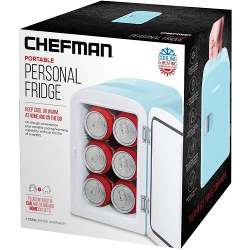  Chefman Mini Portable Blue Personal Fridge Cools Or Heats & Provides Compact Storage For Skincare, Snacks, Or 6 12oz Cans W/ A Lightweight 4-liter Capacity To Take On The Go