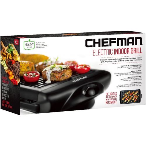  Chefman Electric Smokeless Indoor Grill w/Non-Stick Cooking Surface & Adjustable Temperature Knob from Warm to Sear for Customized BBQing, Dishwasher Safe Removable Water Tray, Bla