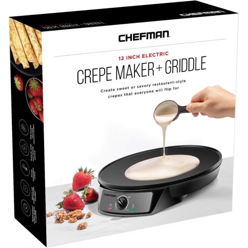  Chefman Electric Crepe Maker & Griddle, Precise Temperature Control Skillet for Perfect Brunch Blintzes, Pancakes, Eggs, Bacon, & Tortillas, 12 Nonstick Grill Pan, Includes Batter
