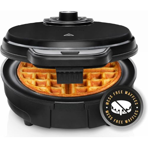  Chefman Anti-Overflow Belgian Waffle Maker w/Shade Selector, Temperature Control, Mess Free Moat, Round Iron w/Nonstick Plates & Cool Touch Handle, Measuring Cup Included, Black