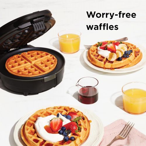  Chefman Anti-Overflow Belgian Waffle Maker w/Shade Selector, Temperature Control, Mess Free Moat, Round Iron w/Nonstick Plates & Cool Touch Handle, Measuring Cup Included, Black