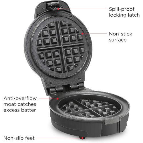  Chefman Anti-Overflow Belgian Waffle Maker w/Shade Selector, Temperature Control, Mess Free Moat, Round Iron w/Nonstick Plates & Cool Touch Handle, Measuring Cup Included, Black