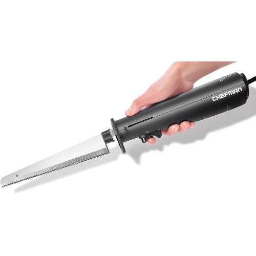  Chefman Electric Knife with Bonus Carving Fork & Space Saving Storage Case Included One Touch, Durable 8 Inch Stainless Steel Blades, Rubberized Black Handle, BPA Free, 120 Volts a