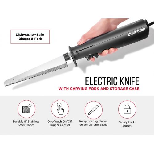  Chefman Electric Knife with Bonus Carving Fork & Space Saving Storage Case Included One Touch, Durable 8 Inch Stainless Steel Blades, Rubberized Black Handle, BPA Free, 120 Volts a