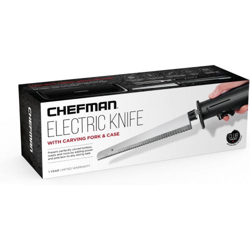  Chefman Electric Knife with Bonus Carving Fork & Space Saving Storage Case Included One Touch, Durable 8 Inch Stainless Steel Blades, Rubberized Black Handle, BPA Free, 120 Volts a