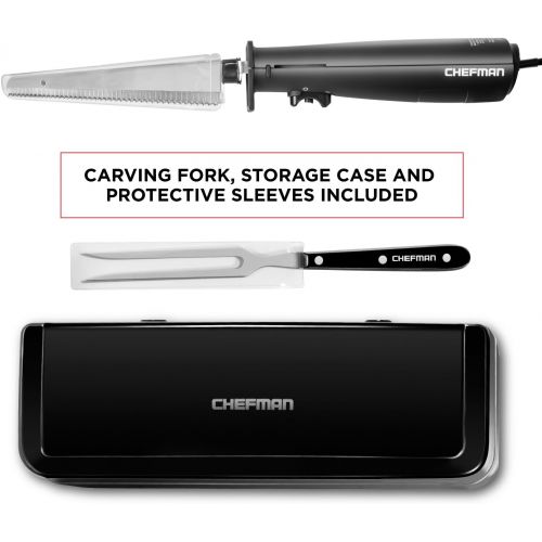  Chefman Electric Knife with Bonus Carving Fork & Space Saving Storage Case Included One Touch, Durable 8 Inch Stainless Steel Blades, Rubberized Black Handle, BPA Free, 120 Volts a