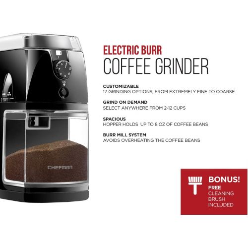  [아마존베스트]Chefman Coffee Grinder Electric Burr Mill - Freshly Grinds Up to 2.8oz Beans, Large Hopper with 17 Grinding Options for 2-12 Cups, Easy One Touch Operation, Cleaning Brush Included