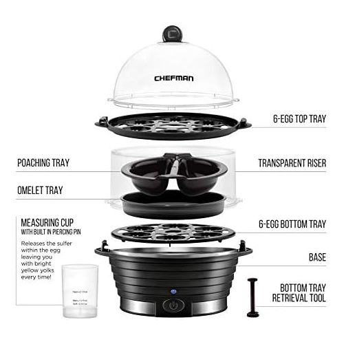  [아마존베스트]Chefman Electric Egg Cooker Boiler, Rapid Egg-Maker & Poacher, Food & Vegetable Steamer, Quickly Makes 12 Eggs, Hard or Soft Boiled, Poaching and Omelet Trays Included, Ready Signa