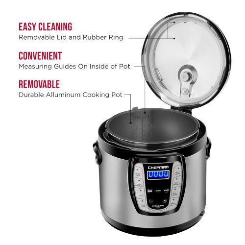  Chefman 6 Qt. Electric Multicooker, 9-in-1 Programmable Pressure Cooker, Prepare Dishes in an Instant, Aluminum Pot Multifunctional Slow Cooker, Rice CookerSteamer, Saute, Yogurt,