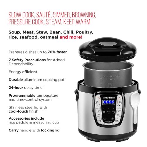  Chefman 6 Qt. Electric Multicooker, 9-in-1 Programmable Pressure Cooker, Prepare Dishes in an Instant, Aluminum Pot Multifunctional Slow Cooker, Rice CookerSteamer, Saute, Yogurt,
