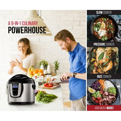  Chefman 6 Qt. Electric Multicooker, 9-in-1 Programmable Pressure Cooker, Prepare Dishes in an Instant, Aluminum Pot Multifunctional Slow Cooker, Rice CookerSteamer, Saute, Yogurt,