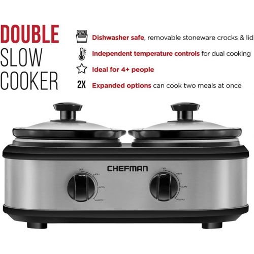  Chefman RJ15-125-D Double Slow Cooker & Buffet Server with 2 Removable 1.25 Qt. Oval Crocks, Pot Inserts Individually Heat Controlled, 2.5 Quarts, Stainless Steel