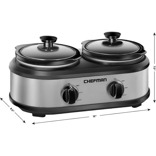  Chefman RJ15-125-D Double Slow Cooker & Buffet Server with 2 Removable 1.25 Qt. Oval Crocks, Pot Inserts Individually Heat Controlled, 2.5 Quarts, Stainless Steel