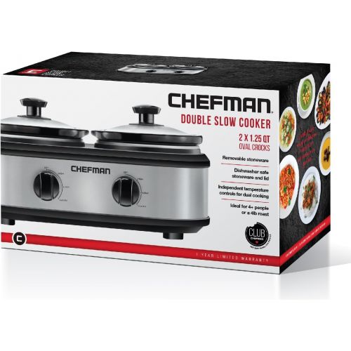  Chefman RJ15-125-D Double Slow Cooker & Buffet Server with 2 Removable 1.25 Qt. Oval Crocks, Pot Inserts Individually Heat Controlled, 2.5 Quarts, Stainless Steel