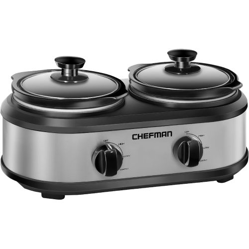  Chefman RJ15-125-D Double Slow Cooker & Buffet Server with 2 Removable 1.25 Qt. Oval Crocks, Pot Inserts Individually Heat Controlled, 2.5 Quarts, Stainless Steel