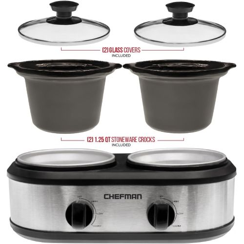  Chefman RJ15-125-D Double Slow Cooker & Buffet Server with 2 Removable 1.25 Qt. Oval Crocks, Pot Inserts Individually Heat Controlled, 2.5 Quarts, Stainless Steel