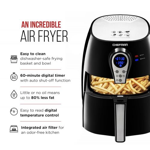  Chefman 2.5 Liter2.6 Quart Air Fryer with Digital Display Adjustable Temperature Control for The Perfect Result in Frying a Variety of Foods, BPA Free, Cool-to-Touch Exterior