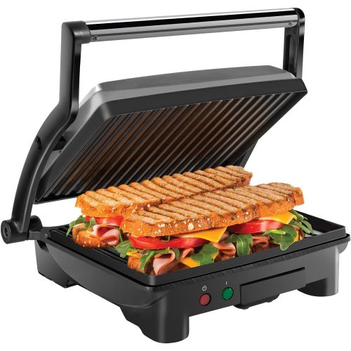  Chefman Panini Press Grill and Gourmet Sandwich Maker, Non-Stick Coated Plates, Opens Stainless Steel Surface and Removable Drip Tray, 4 Slice