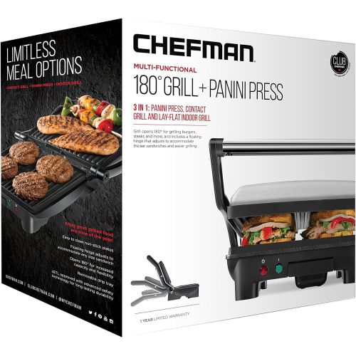  Chefman Panini Press Grill and Gourmet Sandwich Maker, Non-Stick Coated Plates, Opens Stainless Steel Surface and Removable Drip Tray, 4 Slice