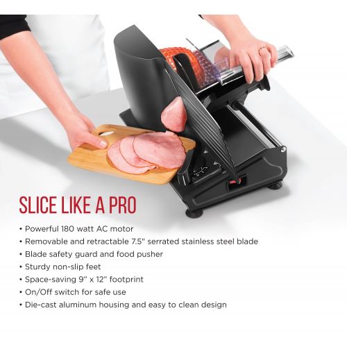  Chefman Die-Cast Electric DeliFood Slicer, Precisely Cuts Meat, Cheese, Bread, Fruit & Veggies, Adjustable Thickness Dial, Removable 7.5” Serrated Stainless Steel Blade, Non-Slip