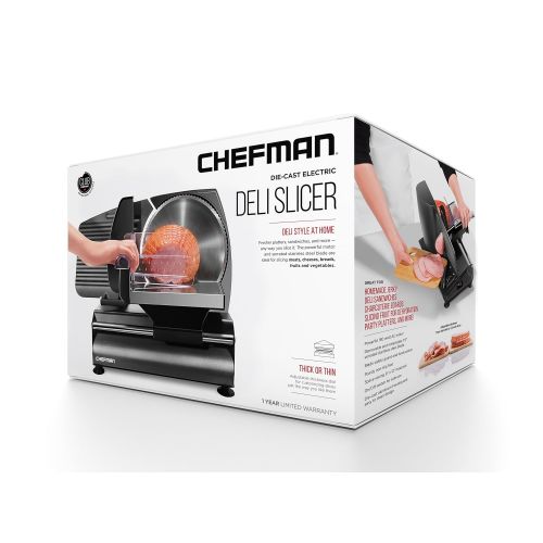  Chefman Die-Cast Electric DeliFood Slicer, Precisely Cuts Meat, Cheese, Bread, Fruit & Veggies, Adjustable Thickness Dial, Removable 7.5” Serrated Stainless Steel Blade, Non-Slip