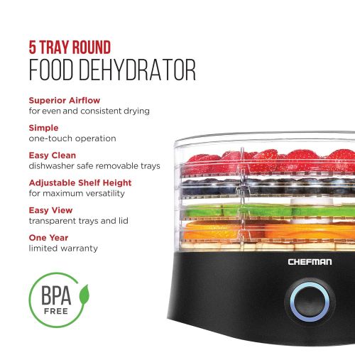 Chefman 5 Tray Round Food Dehydrator, BPA-Free Professional Electric Multi-Tier Food Preserver, Meat or Beef Jerky Maker, Fruit, Herb, & Vegetable Dryer, 9.5 Inch Diameter x 6.5 In