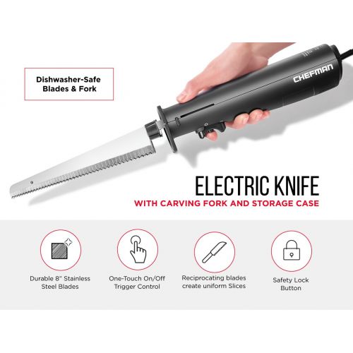  Chefman Electric Knife with Bonus Carving Fork & Space Saving Storage Case Included, One Touch, Durable 8 Inch Stainless Steel Blades, Rubberized Black Handle, BPA Free, 120 Volts
