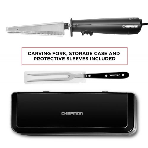  Chefman Electric Knife with Bonus Carving Fork & Space Saving Storage Case Included, One Touch, Durable 8 Inch Stainless Steel Blades, Rubberized Black Handle, BPA Free, 120 Volts