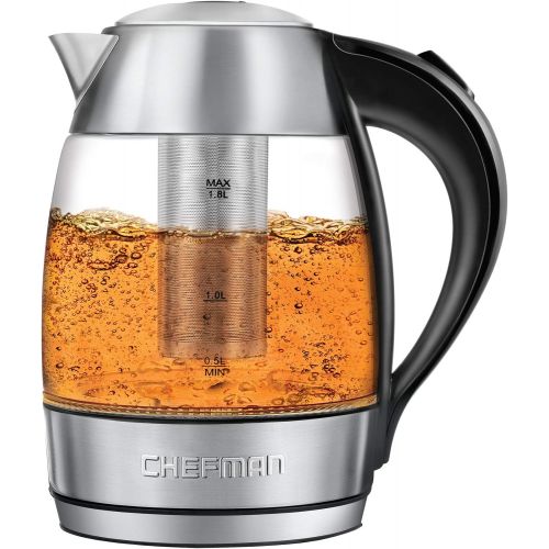  Chefman Electric Glass Kettle Fast Boiling Water Heater w/LED Lights Auto Shutoff & Boil Dry Protection, Separates from Base for Cordless Pouring, BPA Free, Removable Tea Infuser,