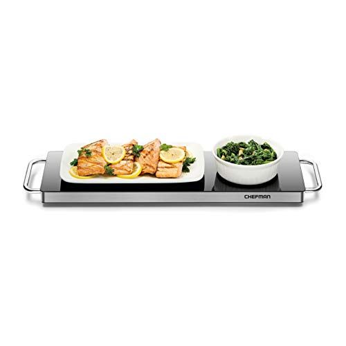  Chefman Long Electric Warming Plate Heating Element, Prep Food for Parties, Stainless Steel Frame & Tempered Glass Surface, Buffet at Home, for Trays & Dishes, Cool-Touch Handles,