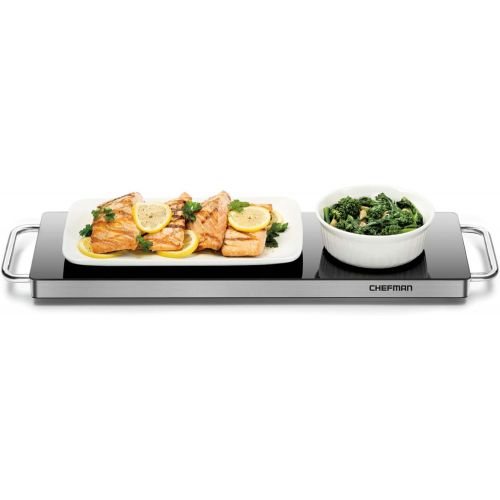  Chefman Long Electric Warming Plate Heating Element, Prep Food for Parties, Stainless Steel Frame & Tempered Glass Surface, Buffet at Home, for Trays & Dishes, Cool-Touch Handles,