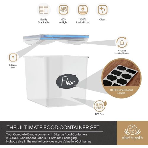  [아마존 핫딜]  [아마존핫딜]Chefs Path Food Storage Containers - Flour Container - Great for Sugar, Baking Supplies - Airtight Kitchen & Pantry Bulk Food Canisters- BPA-Free - 6 PC Set - 8 Labels & Pen