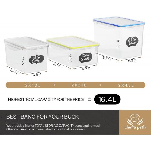  [아마존 핫딜]  [아마존핫딜]Chefs Path Food Storage Containers - Flour Container - Great for Sugar, Baking Supplies - Airtight Kitchen & Pantry Bulk Food Canisters- BPA-Free - 6 PC Set - 8 Labels & Pen