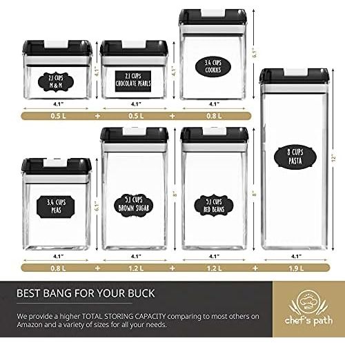  Chefs Path Airtight Food Storage Container Set - 7 PC Set - Labels & Marker - Kitchen & Pantry Organization Containers - BPA-Free - Clear Plastic Canisters for Flour, Cereal with I