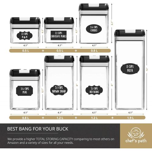  Chefs Path Airtight Food Storage Container Set - 7 PC Set - Labels & Marker - Kitchen & Pantry Organization Containers - BPA-Free - Clear Plastic Canisters for Flour, Cereal with I