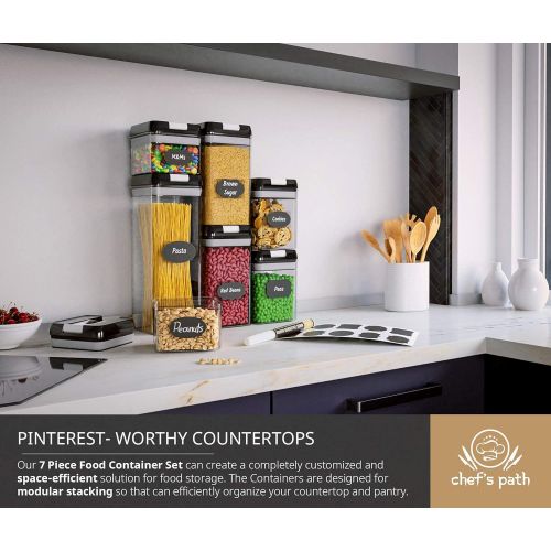  Chefs Path Airtight Food Storage Container Set - 7 PC Set - Labels & Marker - Kitchen & Pantry Organization Containers - BPA-Free - Clear Plastic Canisters for Flour, Cereal with I