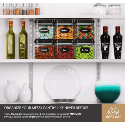  Chefs Path Airtight Food Storage Container Set - 6 PC Set/All Same Size - Labels & Marker - Kitchen & Pantry Organization Dry Food Containers - BPA-Free - Clear Plastic Canisters w