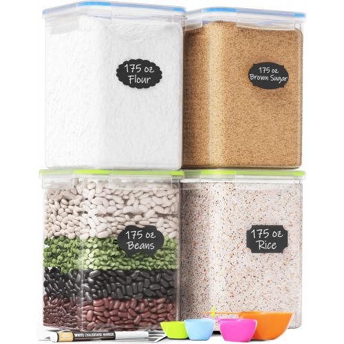  Extra Large Tall Food Storage Containers 175oz, For Flour & Sugar - Airtight Kitchen & Pantry Organization Bulk Food Storage, BPA-Free - 4 PC Set - Canisters with Scoops, Pen & Lab