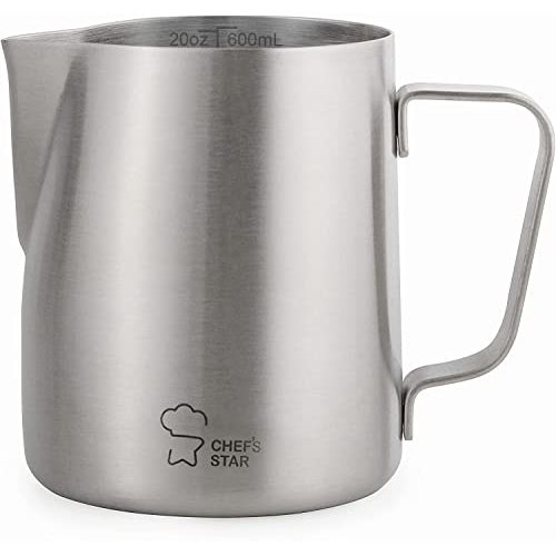  Milk Frothing Pitcher Stainless Steel, Steaming Jug Perfect for Espresso Maker, Hot Chocolate, Latte Art Barista and Cappuccino Maker, 20 oz(600 ml) by Chefs Star