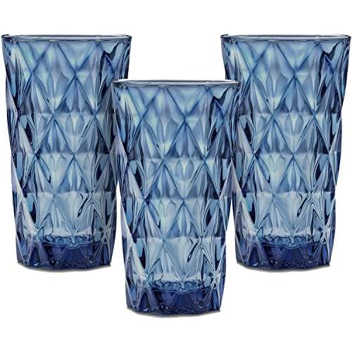  [아마존베스트]Chefs Star Glass Water Cups: 13.5 Oz Highball Drinking Glasses for Juice, Cocktails, Beer, Iced Coffee - Tumbler Glassware Sets for Kitchen and Bar - Clear Blue Drinkware, 3 Piece