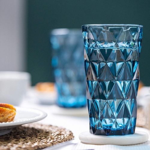  [아마존베스트]Chefs Star Glass Water Cups: 13.5 Oz Highball Drinking Glasses for Juice, Cocktails, Beer, Iced Coffee - Tumbler Glassware Sets for Kitchen and Bar - Clear Blue Drinkware, 3 Piece