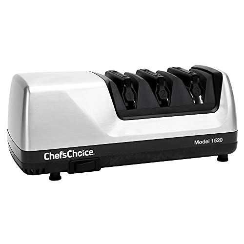  Chef’sChoice ChefsChoice 0115207 Hone Electric Knife Sharpener for 15 and 20-degree Knives 100% Diamond Abrasive Stropping Precision Guides for Straight and Serrated Edges, 3-Stage, Gray